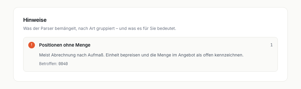 Der Hinweise-Abschnitt von GAEB-Check mit einer Gruppe: Positionen ohne Menge, betroffen Position 0040