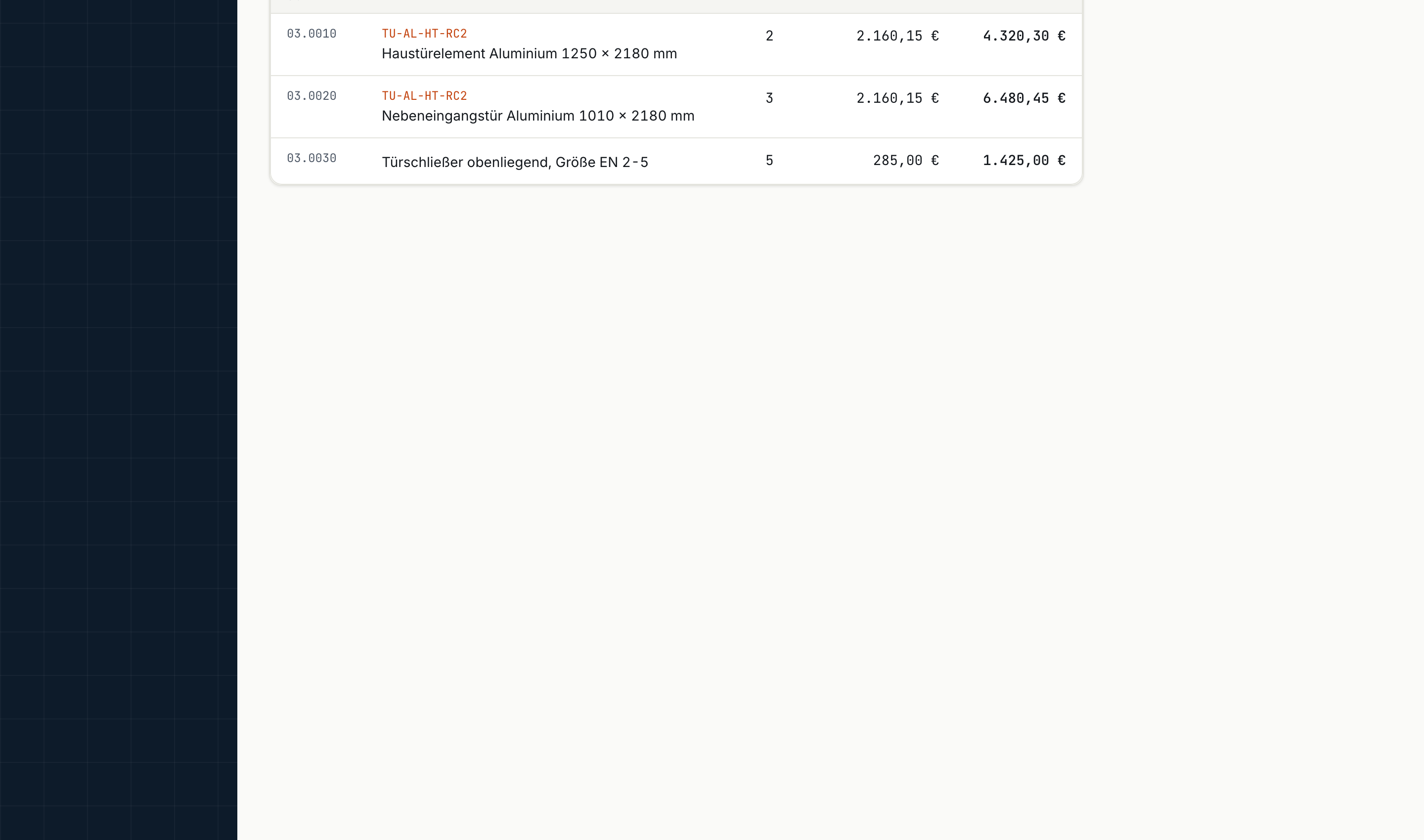 Das Angebot: neun Positionen, Zwischensumme, Umsatzsteuer und Gesamtbetrag, Downloads für Kunden-PDF, internes PDF und die GAEB-X84-Angebotsdatei, Angebotsreife neun von neun bepreist