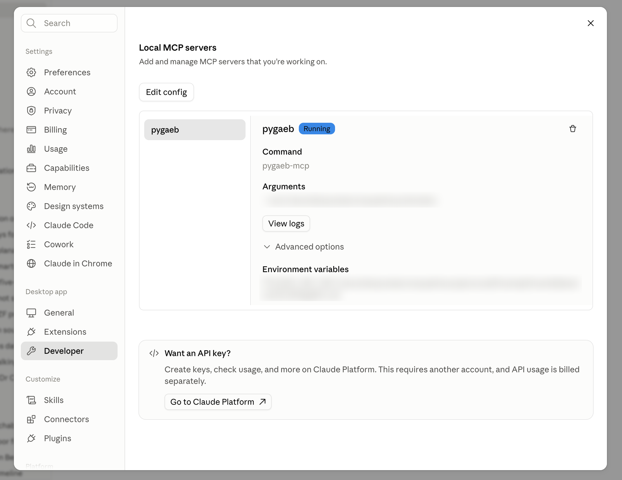 Einstellungen von Claude Desktop mit dem laufenden pygaeb-MCP-Server